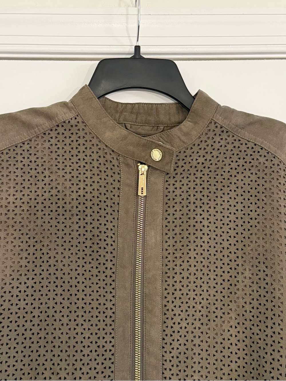 Kenneth Cole Reaction Perforated Faux Suede Bomber Jacket Women’s L Moto - Picture 2 of 8